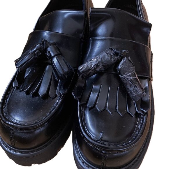 NWOT Vagabond Cosmo Black Polished Leather Chunky platform Loafer Shoes Tassel - Picture 3 of 16